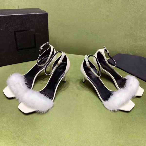 

sandals summer french high-heeled shoes fairy mink hair one line with patent leather sandals thin heel white wool women's 0b5p, Black