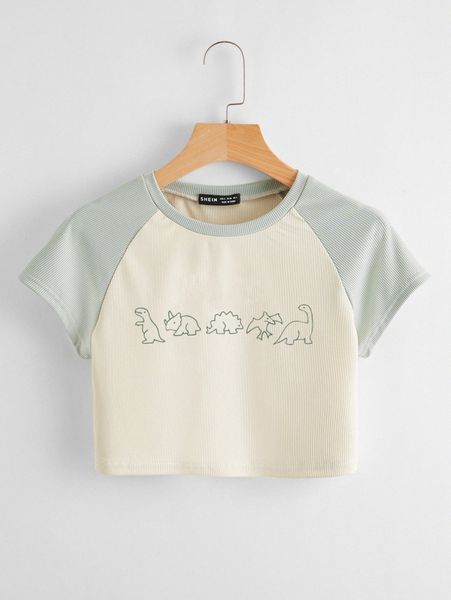

cartoon dinosaur print crop tee m271#, White