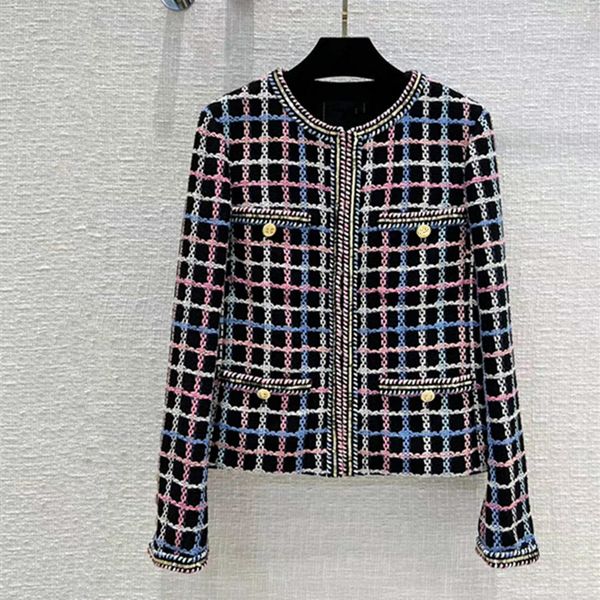 

european and american women's wear spring 2022 new long sleeve plaid sequins round collar fashion gold button tweed coat, Black