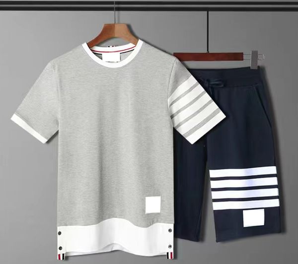 

men's women t-shirts pure cotton loopback jersey brown knit engineered thom summer wear arm stripe sweatshirt crewneck pullover s-4xl p, Blue
