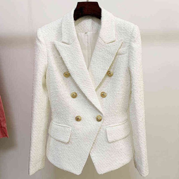 

white tweed wool blazer women 2021 autumn winter new female jackets jacket gold button double breasted slim formal blazers suit j220813, White;black