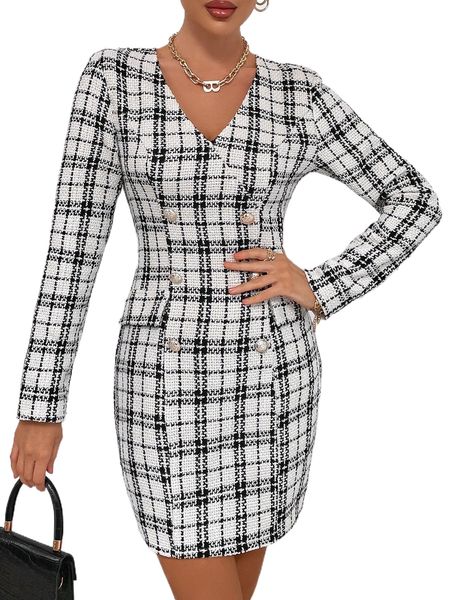 

button detail plaid tweed dress a2mv#, Black;gray