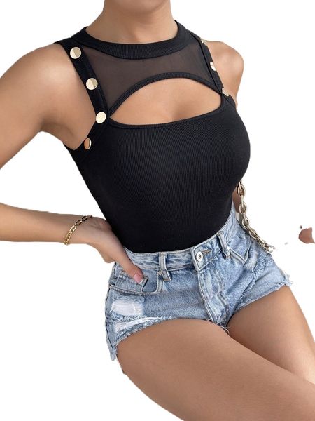 

cut out front contrast mesh button detail tank r1p4#, White