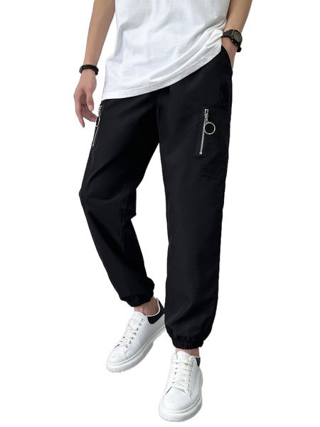 

men drawstring waist zipper pocket pants 79zj#, Black