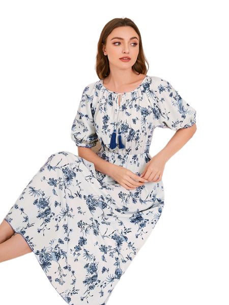 

floral print tassel trim puff sleeve night dress 17z3#, Black;red