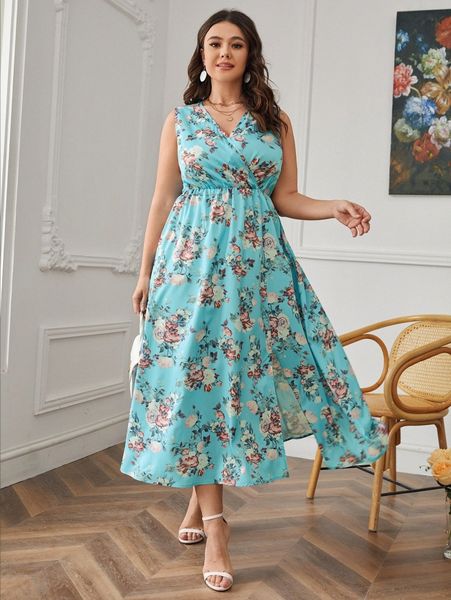 

plus floral print overlap collar slit hem dress 913i#, Black