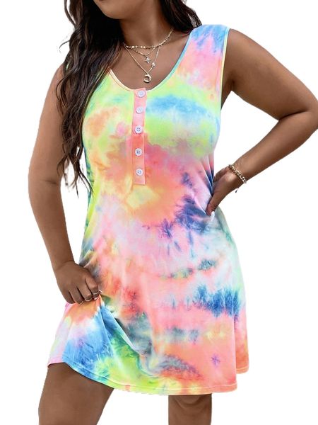 

plus tie dye half button front tank dress 760f#, Black