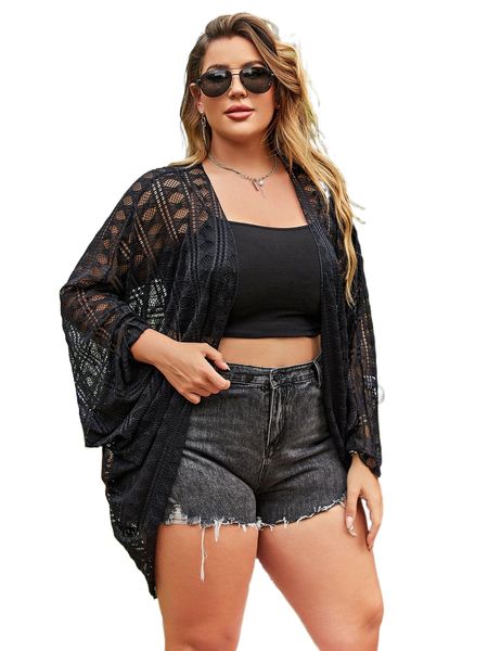 

plus hollow out dolman sleeve mesh kimono 76zs#, Black;gray