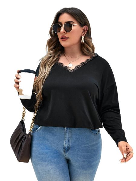 

plus contrast lace drop shoulder tee q6ax#, Black