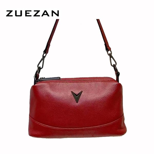 

3 zippers 2 straps women genuine leather messenger bag female soft 100 natural cowhide shoulder cross body t021 220810