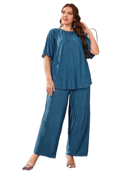 

plus keyhole back lettuce trim & wide leg pants set b0ug#, Black