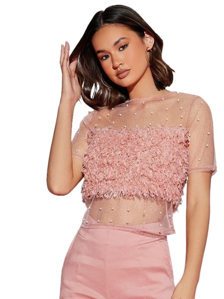 

club pearl beaded mesh yoke fuzzy 76nb#, White