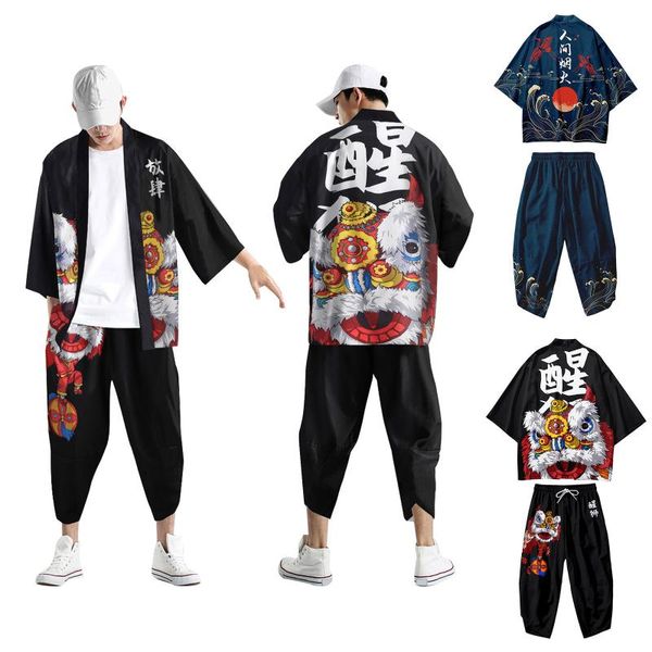 Men's Tracksuits Mens Urbano Leisure Relaxado Impressão Digital Antique Kimono Cassock Cardigan Camisa Pants Suit Men Black Pantsmen's