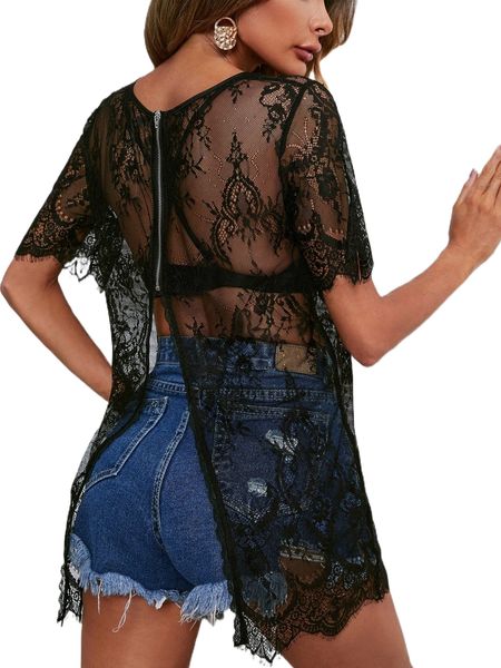 

slit zip back eyelash lace without bra l3vd#, White