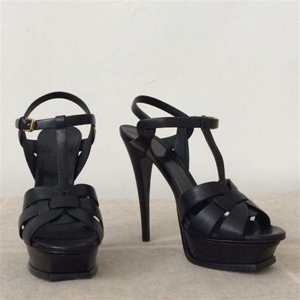

women luxury designer sandals tribute platform sandals t-strap high heels sandals lady shoes party shoes 10cm 14cm with box us 4-1190c, Black