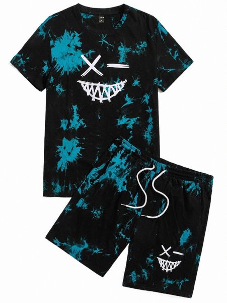 

men cartoon graphic tie dye tee & drawstring waist shorts 04va#, Gray