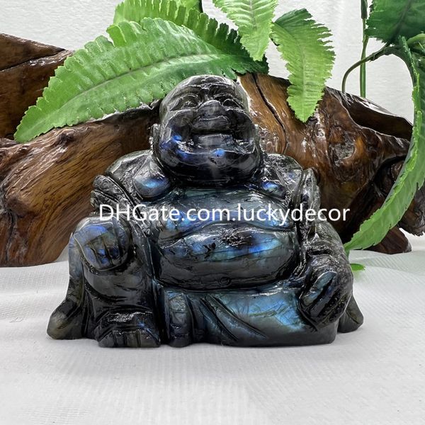 Labradorit Happy Buddha Statue Quarz Kristall Stein Dekor Display Geschenk Natur Edelstein Schnitzerei Lachen Maitreya Metteyya Skulptur Meditation Altar Werkzeug