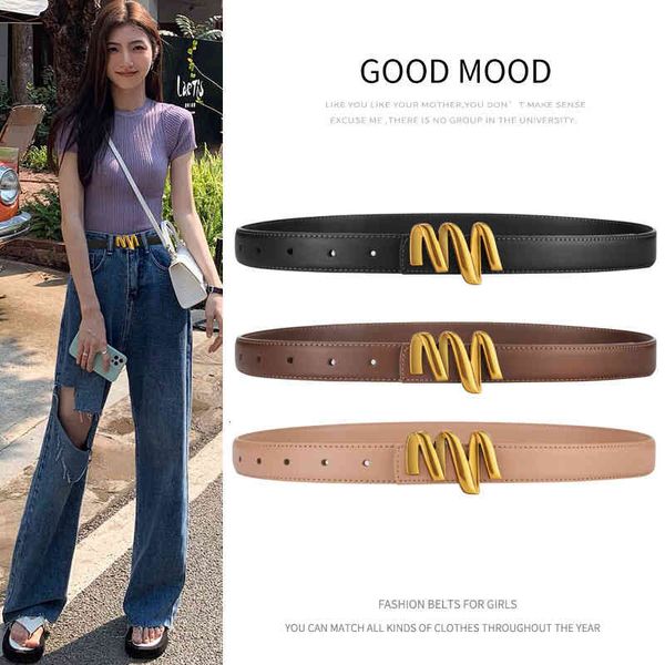 

belts women's trend m letter smooth buckle real leather belt versatile casual jeans women kwni, Black;brown