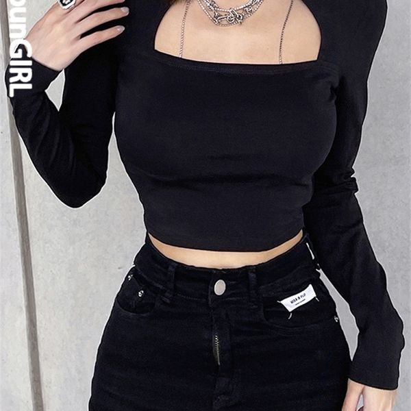 HEYounGIRL Cut Out Black Harajuku Crop T Shirt Gothic Casual Basic Donna Tshirt Top manica lunga Tee Donna Cool Streetwear 220326