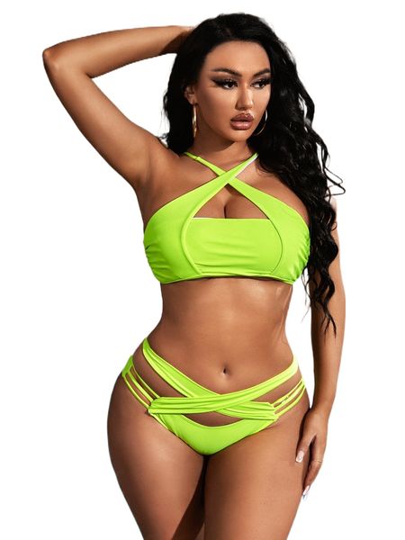 

neon green criss cross high neck bikini swimsuit 302x#, White;black