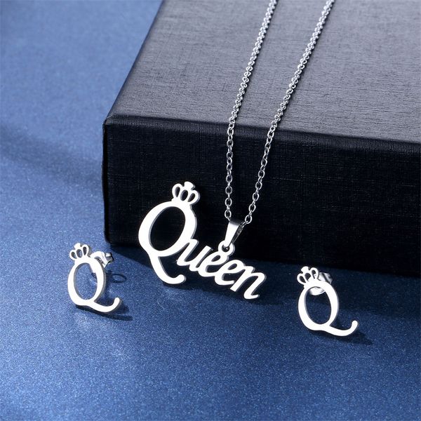 

european and american simple necklace ear stud set niche jewelry for women queen collarbone chain summer gift for mother, Silver