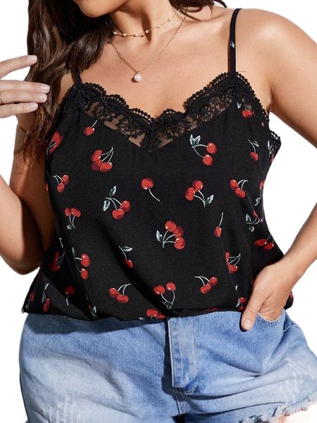 

plus cherry print lace trim cami o5hm#, Black