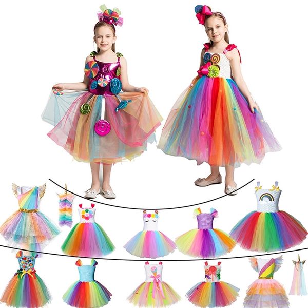 Arcobaleno ragazze lecca-lecca tutu abiti estivi spalle scoperte maglia abiti da festa compleanno unicorno fantasia costume bambini caramella abito da ballo 220521