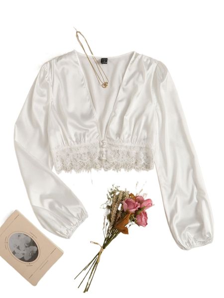

eyelash lace trim lantern sleeve crop blouse o2xl#, White