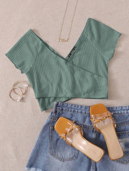

ribbed crisscross surplice crop p859#, White