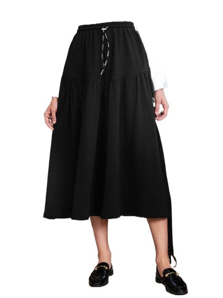 

drawstring waist flare skirt 68tf#, Black