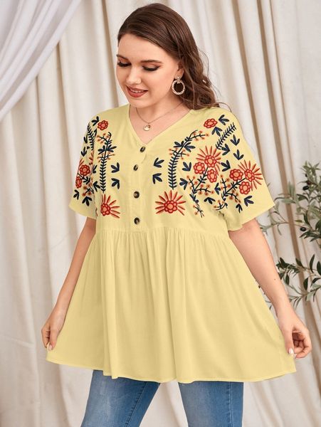 

plus floral embroidery half button babydoll blouse k346#, Black