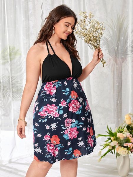 

plus floral print tie backless dress d95w#, Black