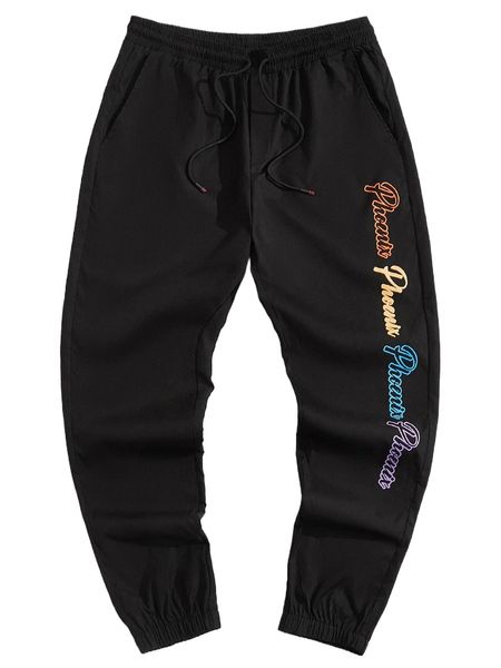 

men letter graphic drawstring waist pants s2pk#, Black