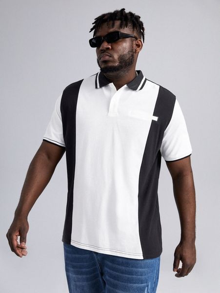

extended sizes men two tone striped trim polo shirt e2g7#, White;black