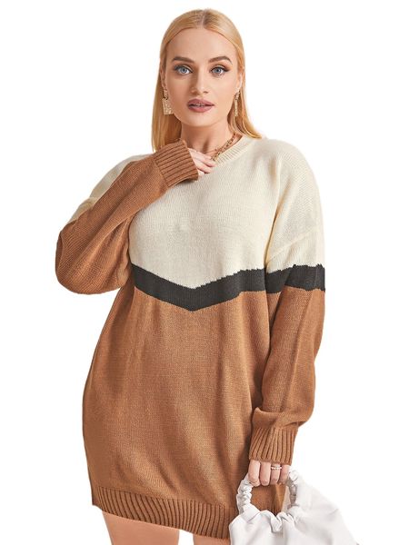 

plus chevron pattern colorblock drop shoulder sweater dress y92y#, Black