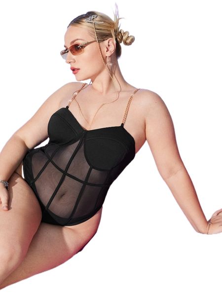 

plus solid sheer mesh chain linked strap cami bodysuit q6pw#, Black