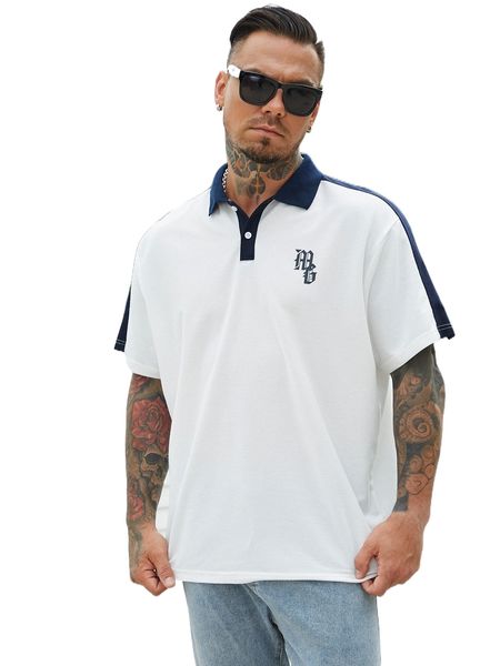

extended sizes men letter graphic colorblock polo shirt f7di#, White;black