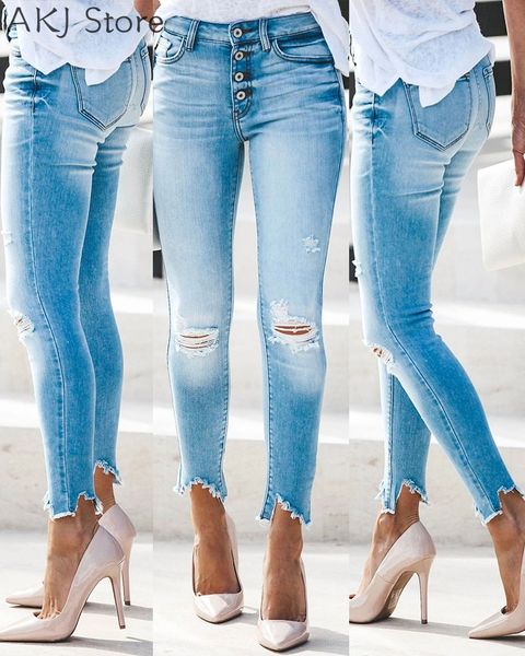 

women jeans casual button pocket design ripped hole high waist denim pants, Blue