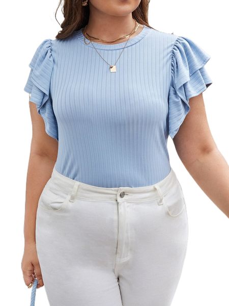 

plus solid ruffle trim tee w75p#, Black