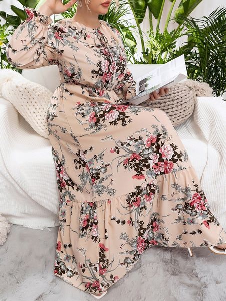 

plus floral print flounce sleeve knot front ruffle hem dress 89yz#, Black
