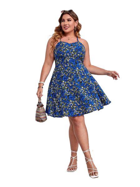 

plus all over floral print criss cross backless dress a3gs#, Black