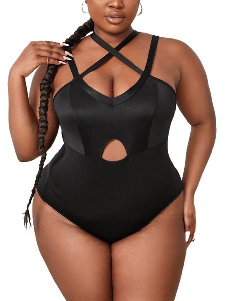 

sxy plus cut out criss cross cami bodysuit g3py#, Black