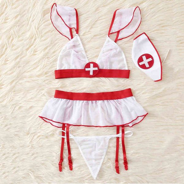 

women' three-point lingerie set with garter transparent lace underwear set temptation nurse uniform erotic costumes w220318, Red;black