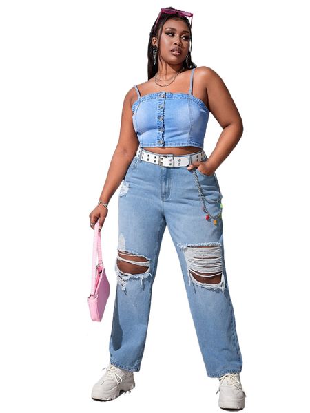 

plus ripped slant pocket jeans d813#, Blue