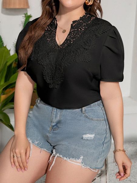 

plus contrast guipure lace puff sleeve blouse n1nz#, Black
