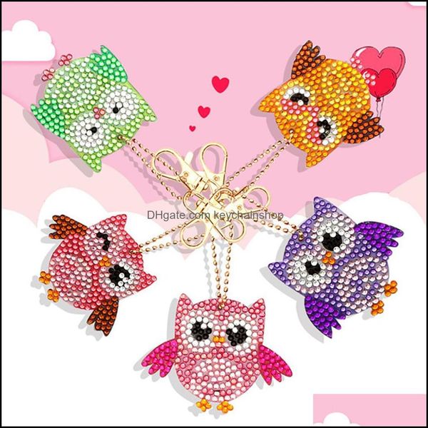 

key rings jewelry 5 pcs/lot chain diy rhinestone owl ring handbag keychain phone purse charm cute shine keyring d4s, Slivery;golden