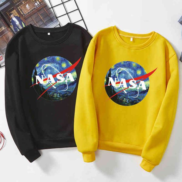 

nasa van gogh oil painting space print crew neck sweater men's and women's casual hoodie, Black