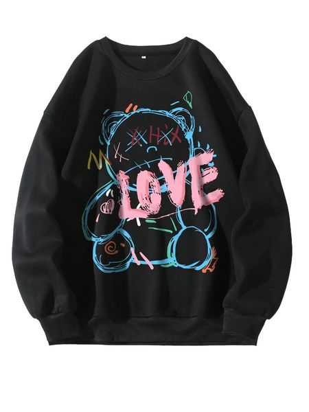 

bear and letter graphic thermal sweatshirt y8h6#, Black