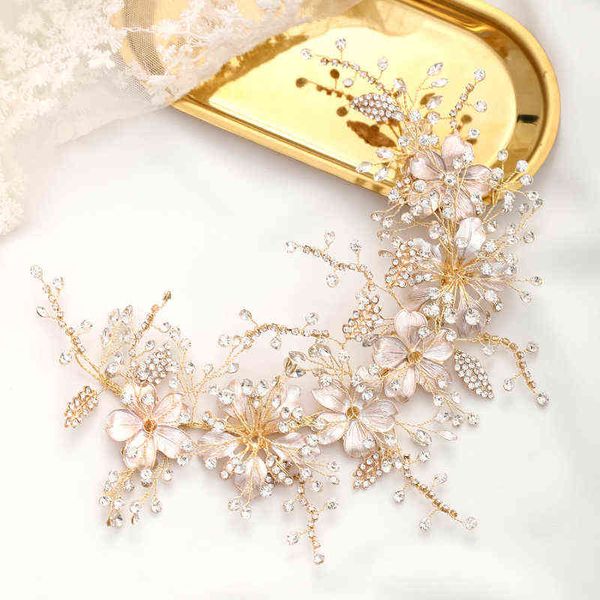 Hochzeit Stirnband Gold Kristall Blume Tiara handgemachte Braut Kopfschmuck Blatt Haarschmuck Prinzessin Stirnband Braut Haarschmuck AA220323