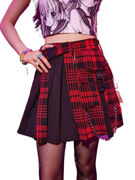 

romwe anime plaid pocket chain decor pleated skirt p5ct#, Black